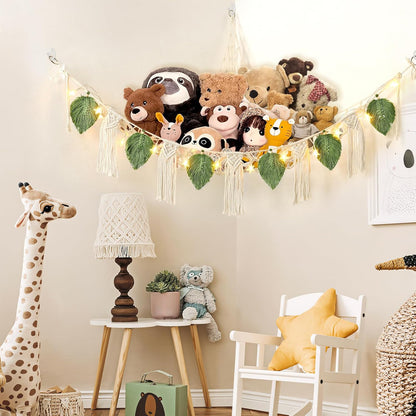 Stuffed Animal Toy Net Hammock with Star Light Boho Room Decor