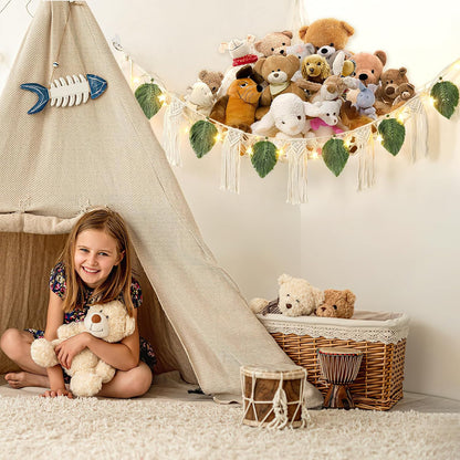 Stuffed Animal Toy Net Hammock with Star Light Boho Room Decor