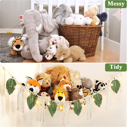 Stuffed Animal Toy Net Hammock with Star Light Boho Room Decor