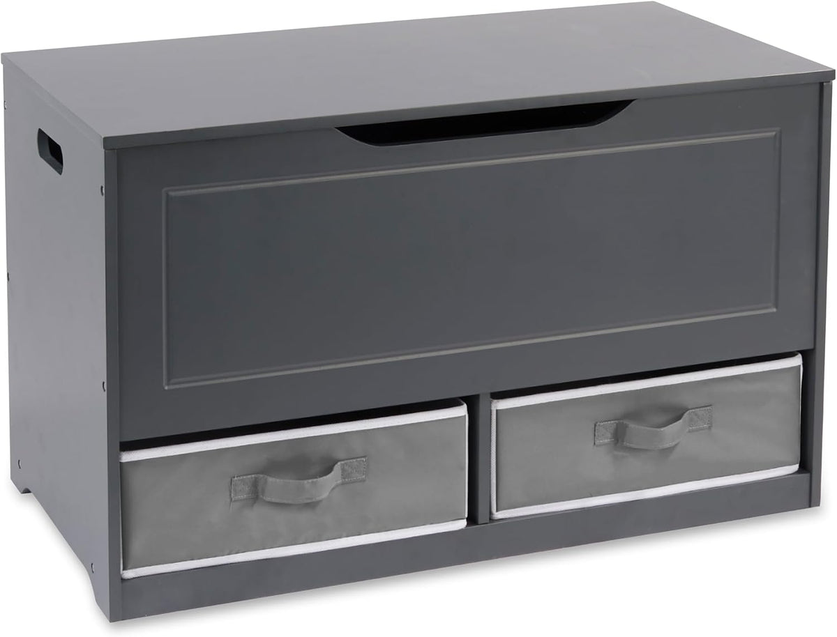 Toy Box and Storage Bench - Chest and Seat Combo with 2 Reversible Baskets, Safety Hinge Lid - Kids Toy Organizer for Playroom or Bedroom - Charcoal
