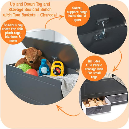 Toy Box and Storage Bench - Chest and Seat Combo with 2 Reversible Baskets, Safety Hinge Lid - Kids Toy Organizer for Playroom or Bedroom - Charcoal