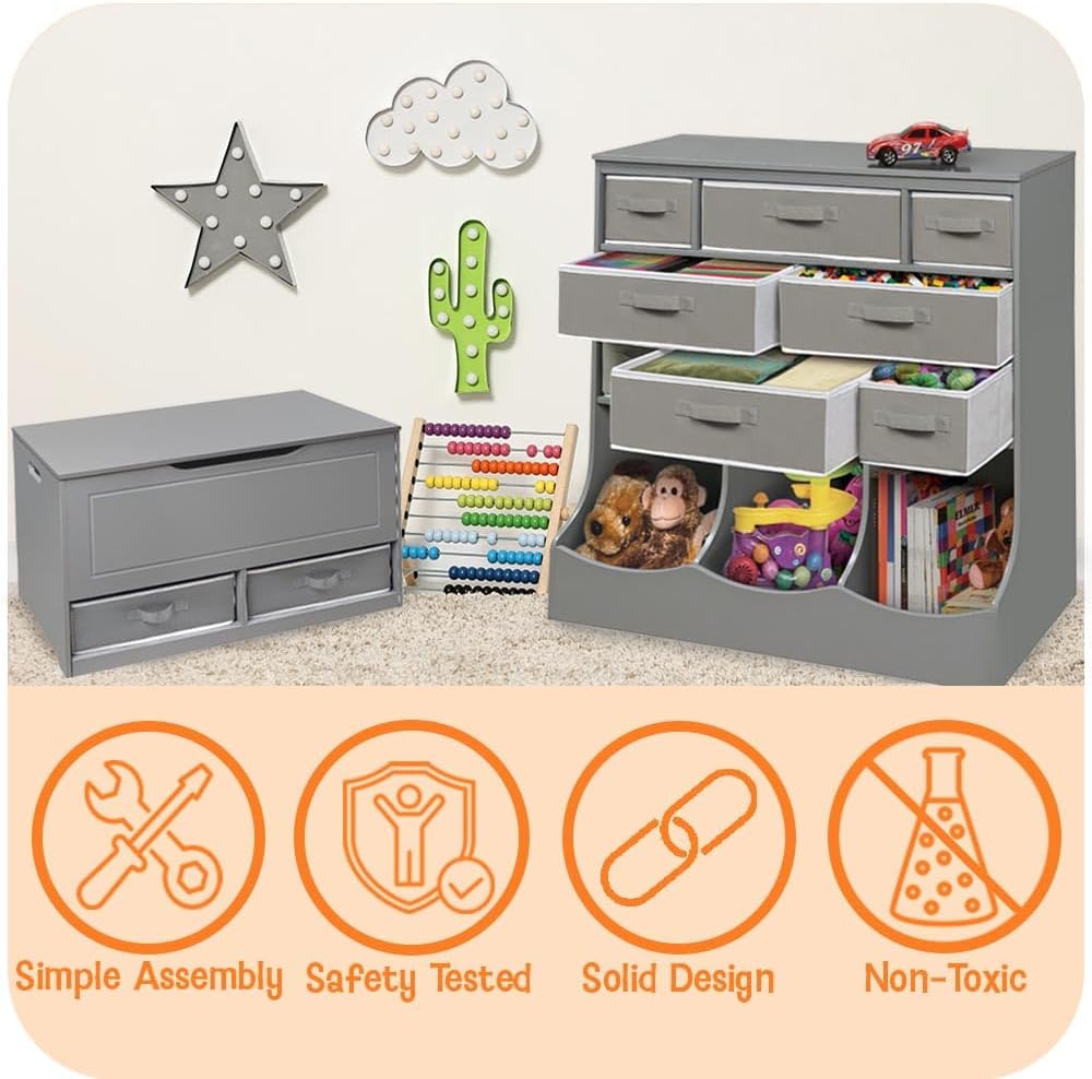 Toy Box and Storage Bench - Chest and Seat Combo with 2 Reversible Baskets, Safety Hinge Lid - Kids Toy Organizer for Playroom or Bedroom - Charcoal