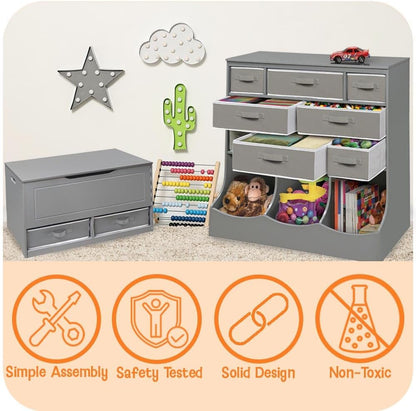Toy Box and Storage Bench - Chest and Seat Combo with 2 Reversible Baskets, Safety Hinge Lid - Kids Toy Organizer for Playroom or Bedroom - Charcoal