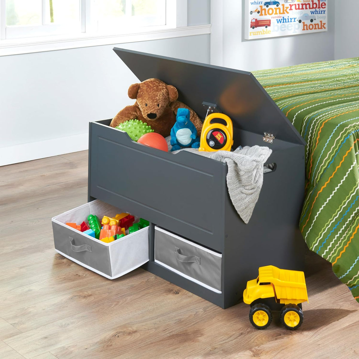 Toy Box and Storage Bench - Chest and Seat Combo with 2 Reversible Baskets, Safety Hinge Lid - Kids Toy Organizer for Playroom or Bedroom - Charcoal