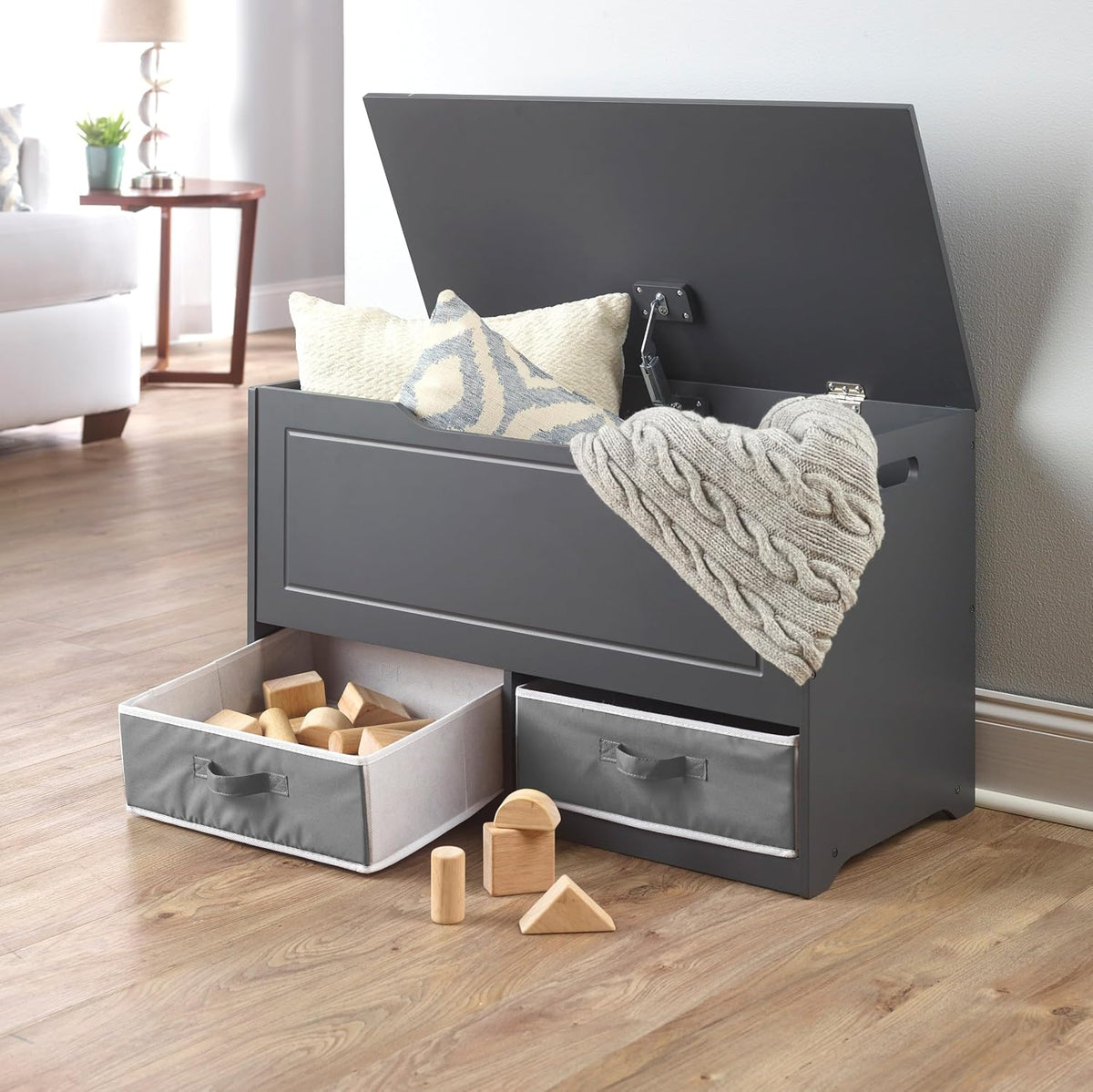 Toy Box and Storage Bench - Chest and Seat Combo with 2 Reversible Baskets, Safety Hinge Lid - Kids Toy Organizer for Playroom or Bedroom - Charcoal