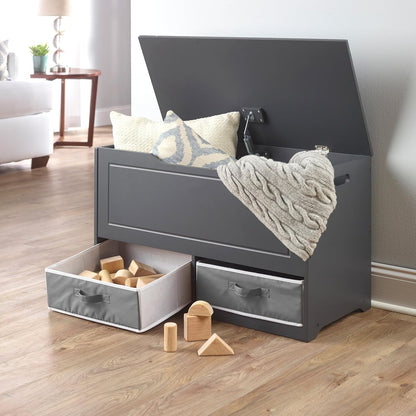 Toy Box and Storage Bench - Chest and Seat Combo with 2 Reversible Baskets, Safety Hinge Lid - Kids Toy Organizer for Playroom or Bedroom - Charcoal