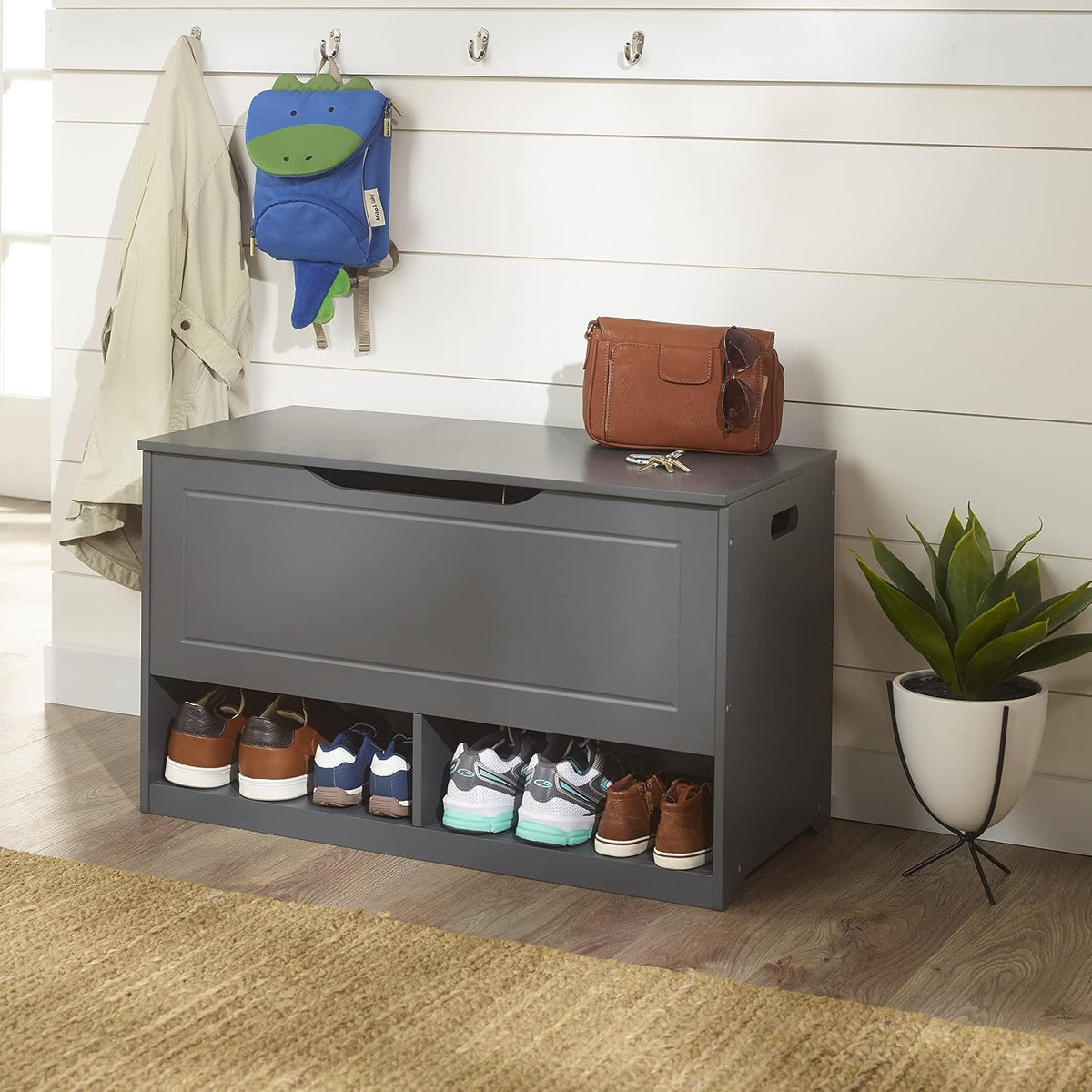 Toy Box and Storage Bench - Chest and Seat Combo with 2 Reversible Baskets, Safety Hinge Lid - Kids Toy Organizer for Playroom or Bedroom - Charcoal