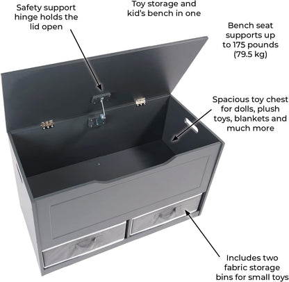 Toy Box and Storage Bench - Chest and Seat Combo with 2 Reversible Baskets, Safety Hinge Lid - Kids Toy Organizer for Playroom or Bedroom - Charcoal