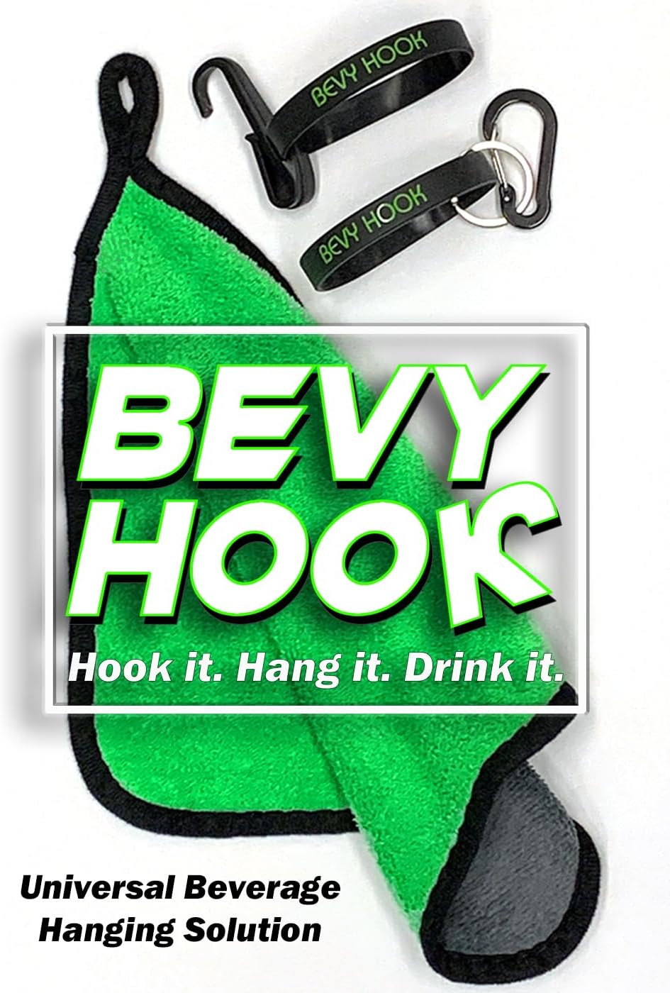 Universal Beverage Hanging Solution - 3Pcs Kit with Beverage Hook, Beverage Clip, and Random Color Microfiber Sports Towel