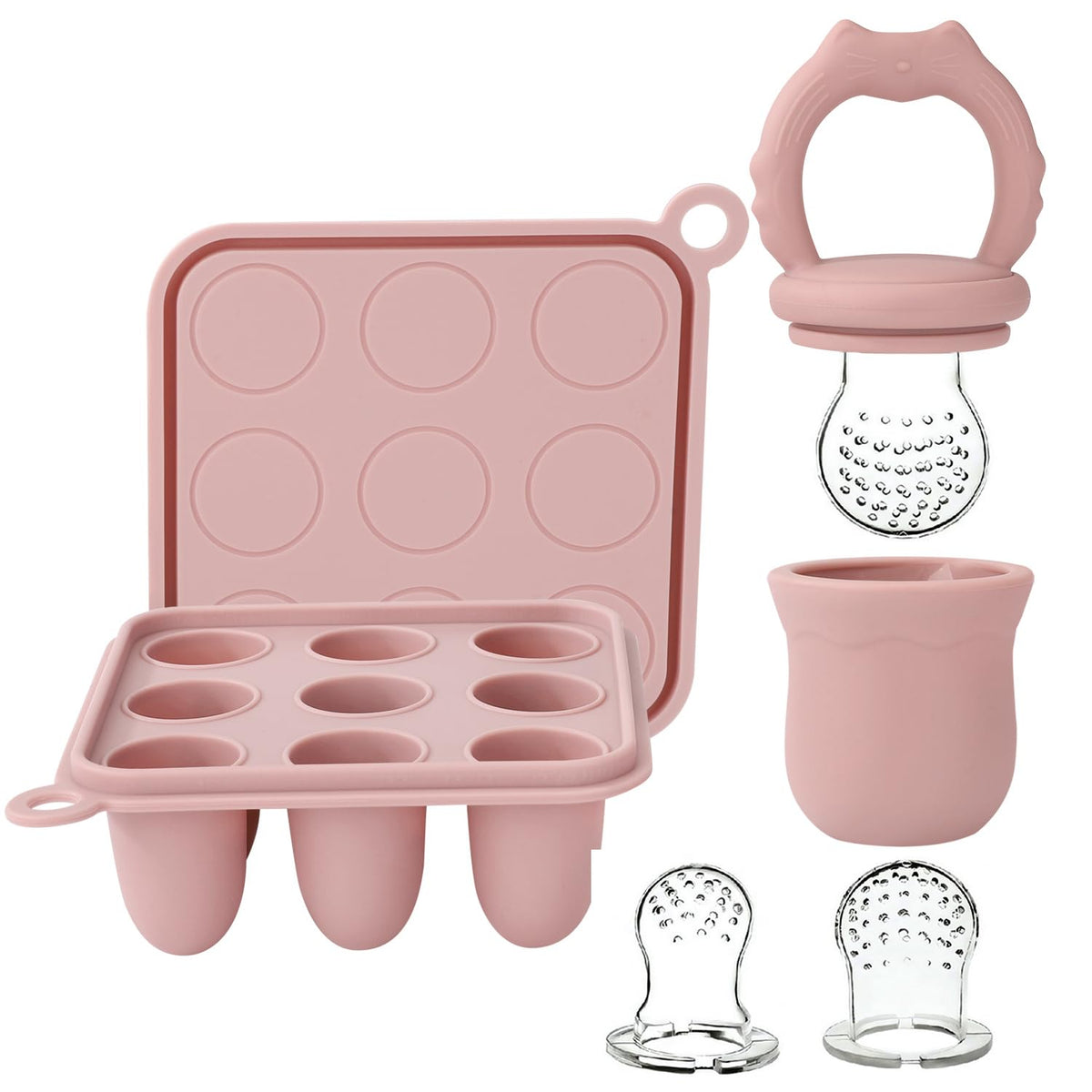 Silicone Baby Fruit Food Feeder & Baby Food Freezer Tray Set, milk Popsicle Molds for Baby Teething Relief, Baby Food Pacifier Feeder for Infants Self Feeding, Include 3 Sizes Food Pouch