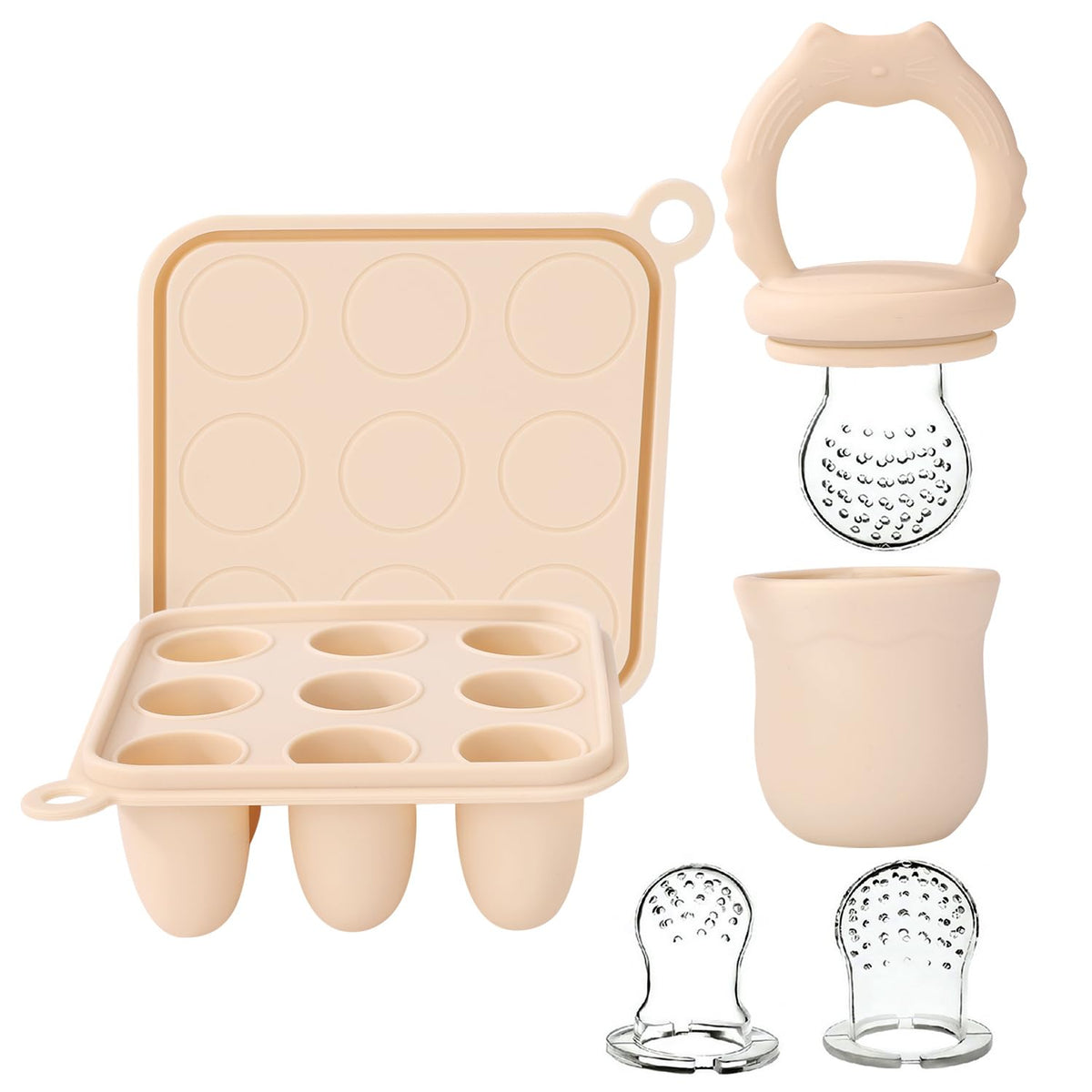 Silicone Baby Fruit Food Feeder & Baby Food Freezer Tray Set, milk Popsicle Molds for Baby Teething Relief, Baby Food Pacifier Feeder for Infants Self Feeding, Include 3 Sizes Food Pouch