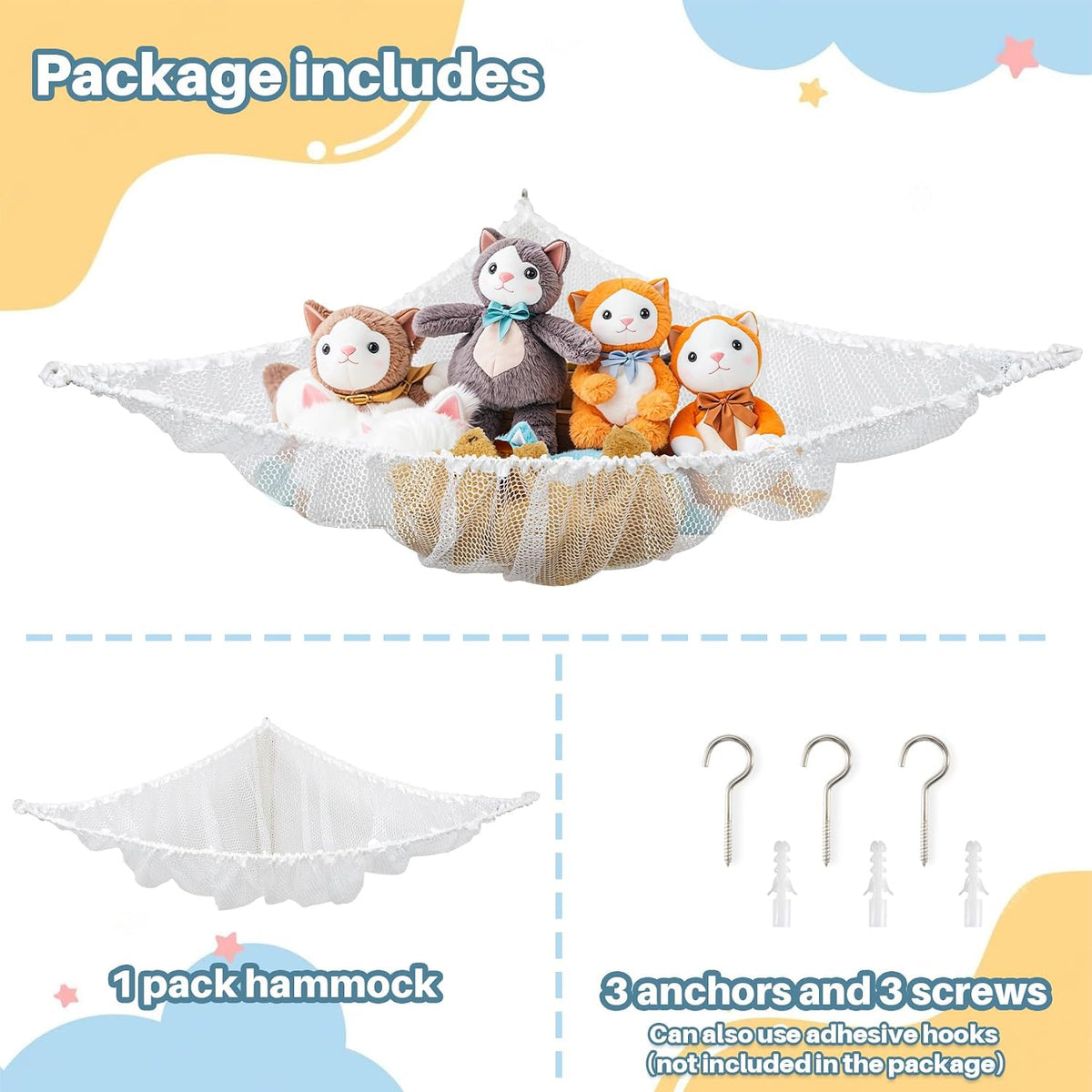 MAQIHAN Stuffed Animal Net or Hammock - Storage Ideas for Plushies, Teddy Bears, and Toys - Corner Organizer Holder (Medium)