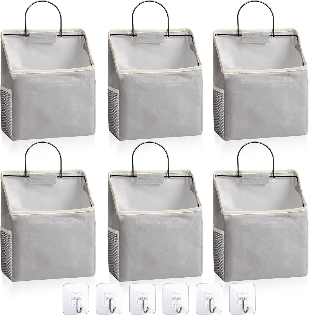 6 Pack Wall Hanging Storage Basket Bathroom Closet Hanging Storage Bag over the Door Organizer Basket Bedroom Wall Organizer Waterproof Linen Cotton Box Containers and 10 Hooks(White)