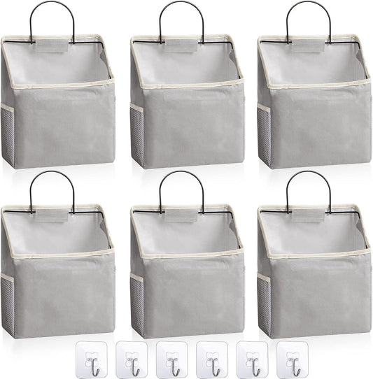 6 Pack Wall Hanging Storage Basket Bathroom Closet Hanging Storage Bag over the Door Organizer Basket Bedroom Wall Organizer Waterproof Linen Cotton Box Containers and 10 Hooks(White)