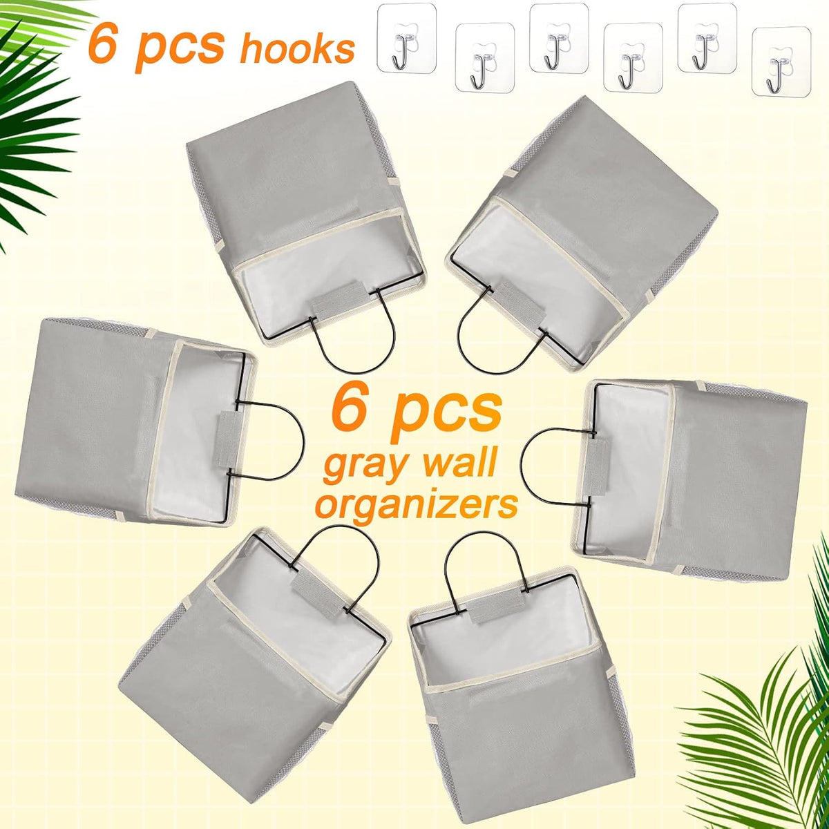 6 Pack Wall Hanging Storage Basket Bathroom Closet Hanging Storage Bag over the Door Organizer Basket Bedroom Wall Organizer Waterproof Linen Cotton Box Containers and 10 Hooks(White)