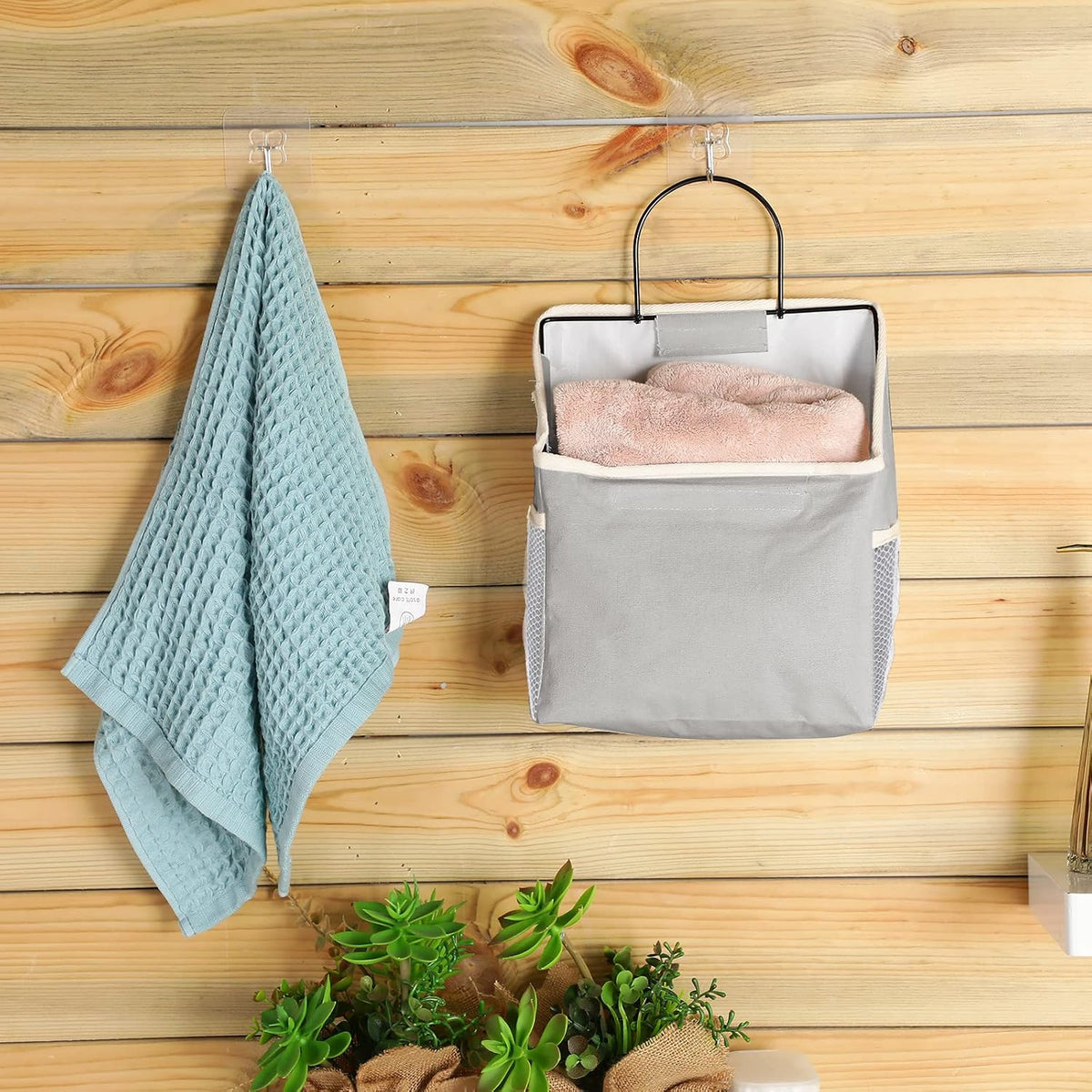 6 Pack Wall Hanging Storage Basket Bathroom Closet Hanging Storage Bag over the Door Organizer Basket Bedroom Wall Organizer Waterproof Linen Cotton Box Containers and 10 Hooks(White)