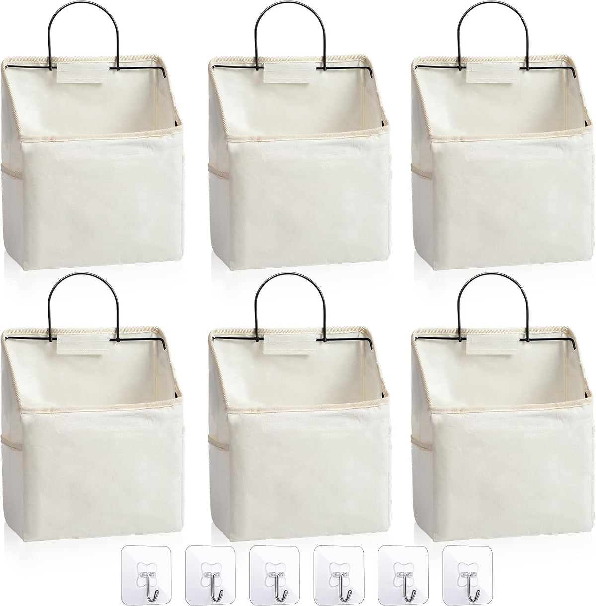 6 Pack Wall Hanging Storage Basket Bathroom Closet Hanging Storage Bag over the Door Organizer Basket Bedroom Wall Organizer Waterproof Linen Cotton Box Containers and 10 Hooks(White)