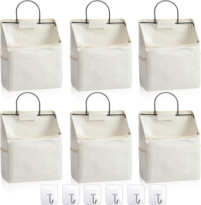 6 Pack Wall Hanging Storage Basket Bathroom Closet Hanging Storage Bag over the Door Organizer Basket Bedroom Wall Organizer Waterproof Linen Cotton Box Containers and 10 Hooks(White)