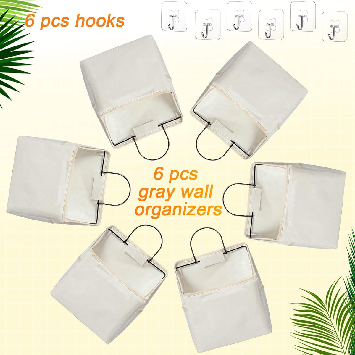 6 Pack Wall Hanging Storage Basket Bathroom Closet Hanging Storage Bag over the Door Organizer Basket Bedroom Wall Organizer Waterproof Linen Cotton Box Containers and 10 Hooks(White)