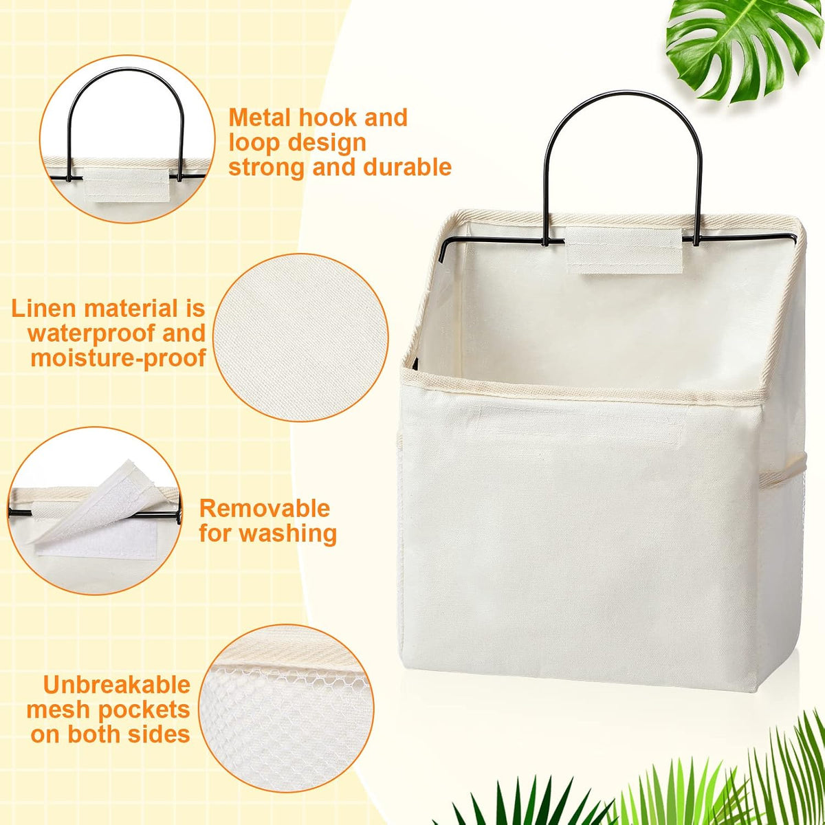 6 Pack Wall Hanging Storage Basket Bathroom Closet Hanging Storage Bag over the Door Organizer Basket Bedroom Wall Organizer Waterproof Linen Cotton Box Containers and 10 Hooks(White)