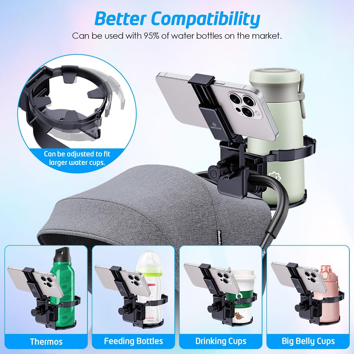 Stroller Cup Holder with Phone Stand, Cup Holder for Walker and Wheelchair, Versatile Cup Phone Holder for Stroller, Easy Install and Secure Grip for Mobility Aids