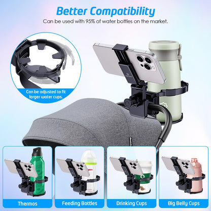Stroller Cup Holder with Phone Stand, Cup Holder for Walker and Wheelchair, Versatile Cup Phone Holder for Stroller, Easy Install and Secure Grip for Mobility Aids