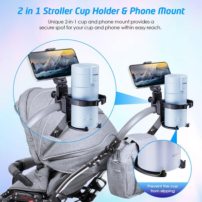 Stroller Cup Holder with Phone Stand, Cup Holder for Walker and Wheelchair, Versatile Cup Phone Holder for Stroller, Easy Install and Secure Grip for Mobility Aids