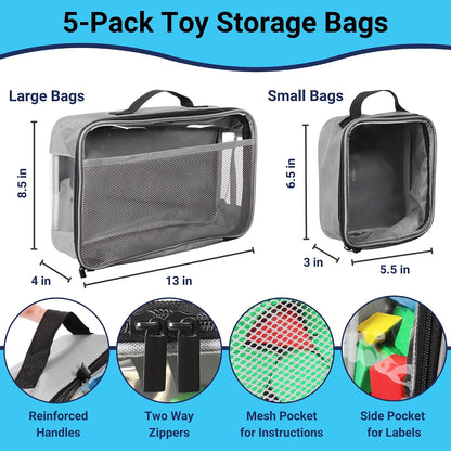 5 PCS Magnetic Tile Storage Bags - Organizer Toy Bags for Travel, Legos, Blocks, Puzzles, Tonies, Board Games (2 Sizes)