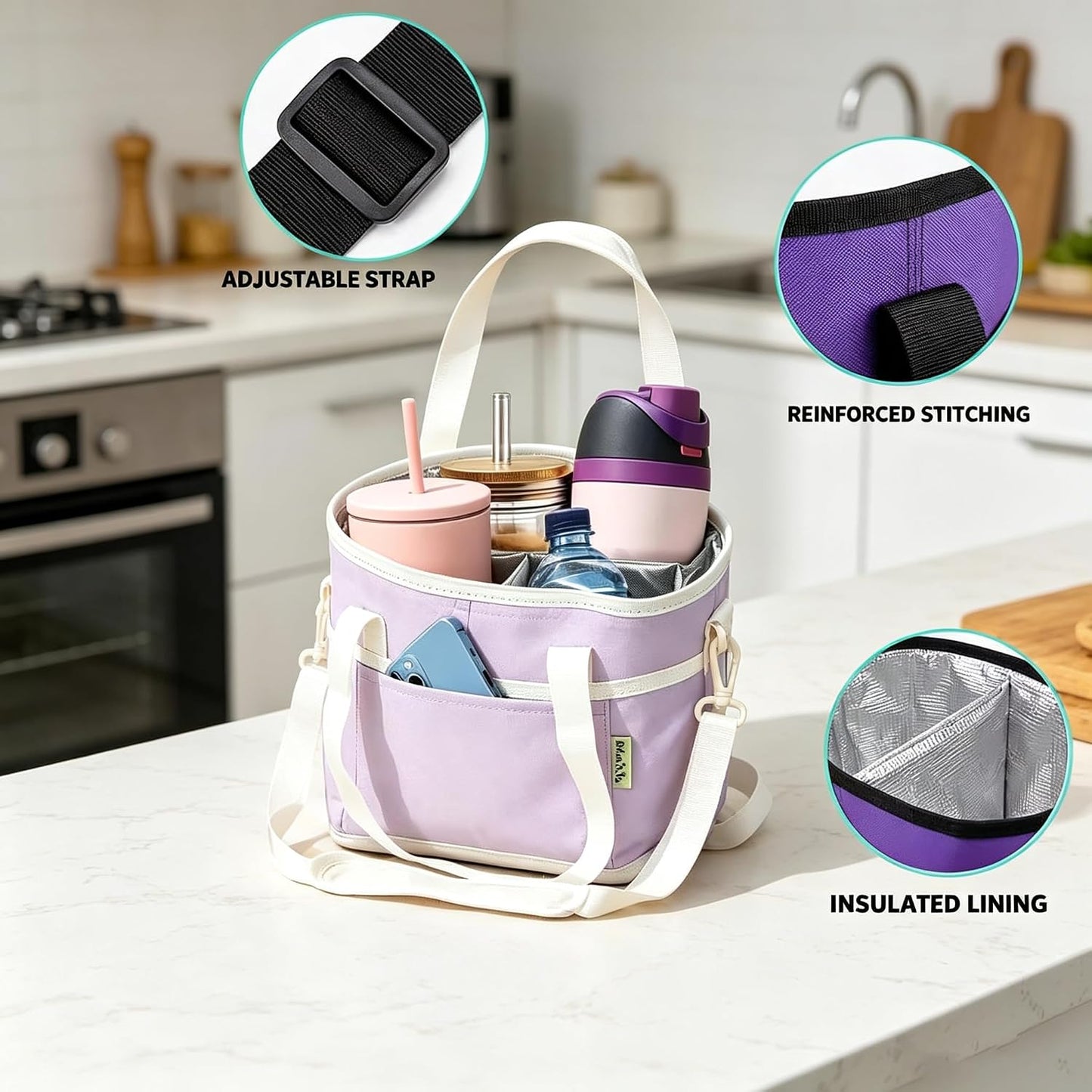 Insulated Drink Carrier Bag, Adjustable Strap Beverage Tote (Pink) | Thick insulated fabric holds tumblers & water bottles, great daily tote for travelers on trips and outdoor outings