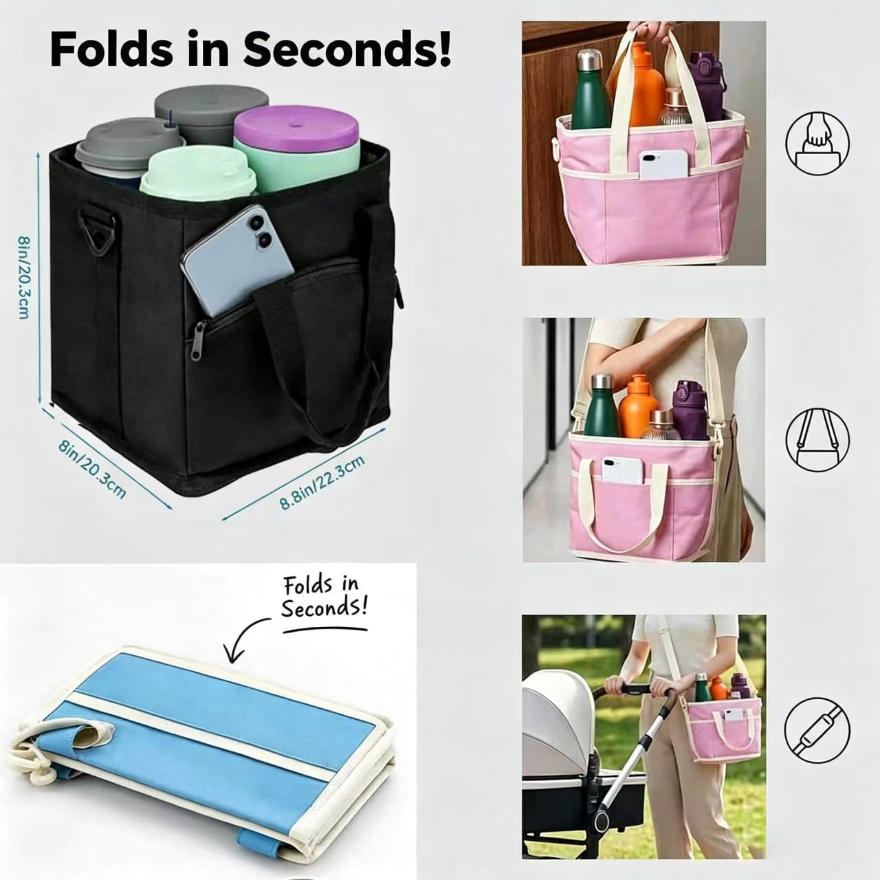 Insulated Drink Carrier Bag, Adjustable Strap Beverage Tote (Pink) | Thick insulated fabric holds tumblers & water bottles, great daily tote for travelers on trips and outdoor outings