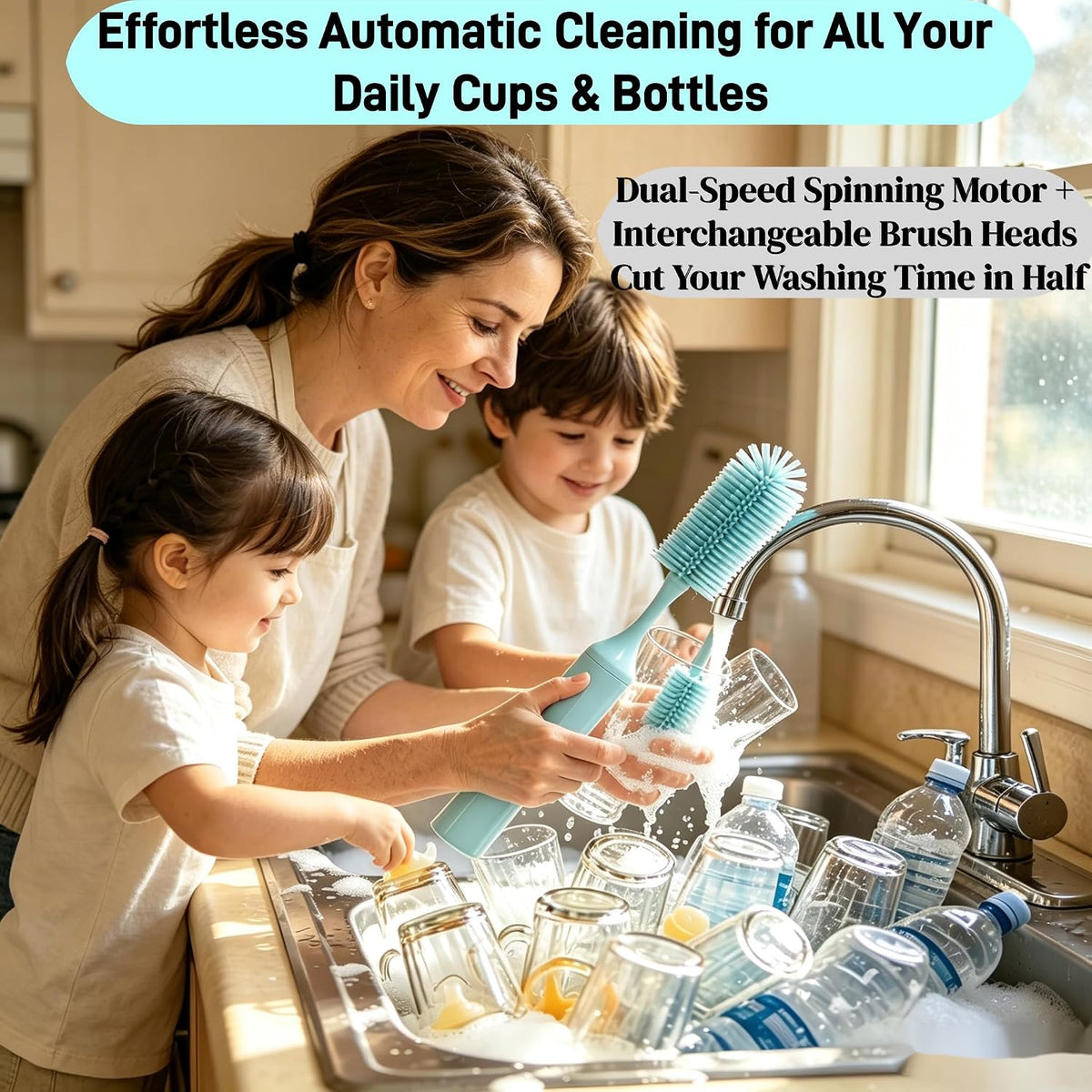 Electric Bottle Brush, Rechargeable Auto Spinning Bottle Cleaner, All-in-One Cleaning Kit with Multi Brush Heads & Stir Stick for Baby Bottles & Drinkware, Great Household Helper and Ideal Gift
