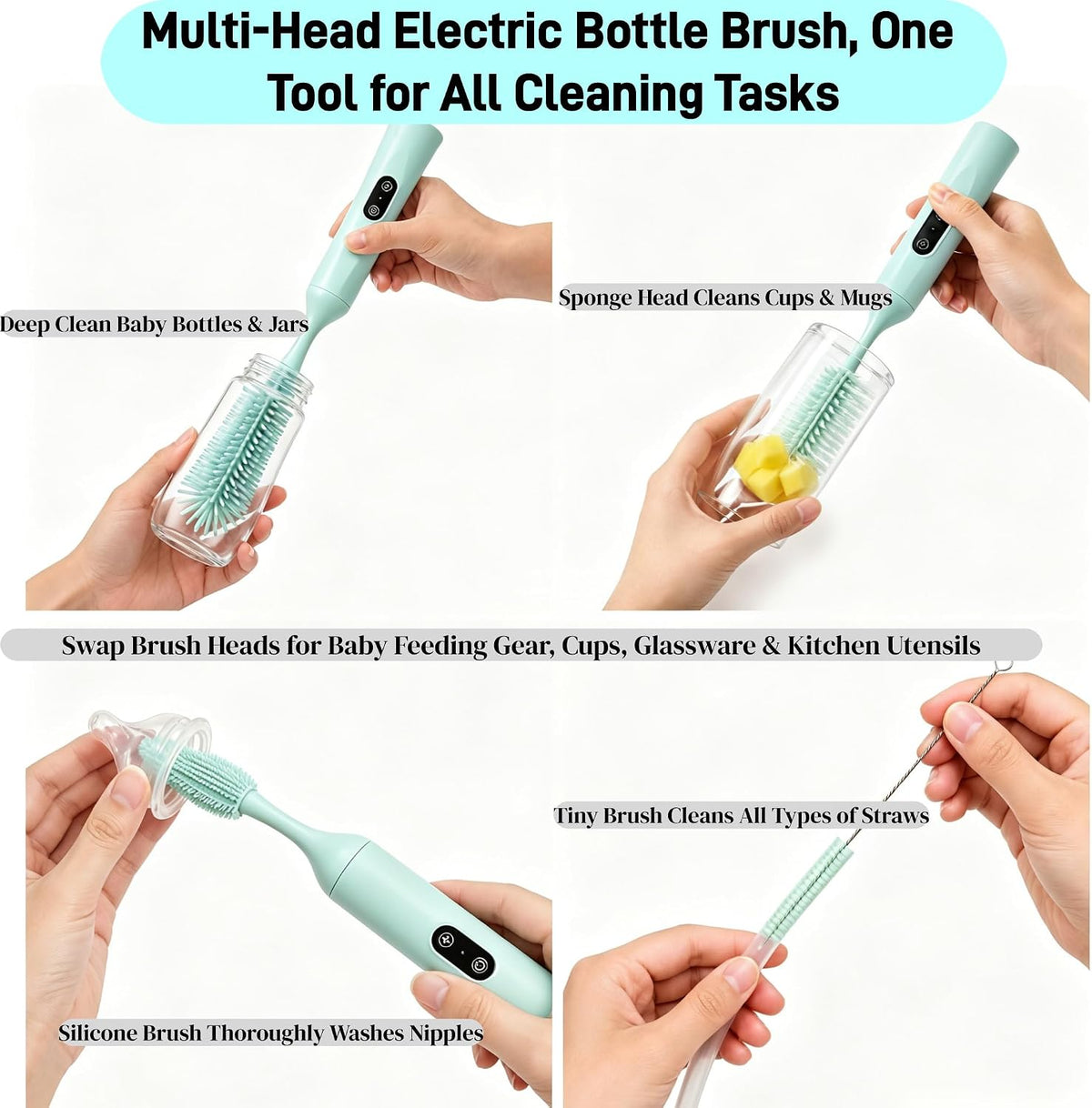 Electric Bottle Brush, Rechargeable Auto Spinning Bottle Cleaner, All-in-One Cleaning Kit with Multi Brush Heads & Stir Stick for Baby Bottles & Drinkware, Great Household Helper and Ideal Gift
