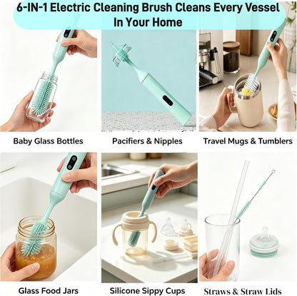 Electric Bottle Brush, Rechargeable Auto Spinning Bottle Cleaner, All-in-One Cleaning Kit with Multi Brush Heads & Stir Stick for Baby Bottles & Drinkware, Great Household Helper and Ideal Gift