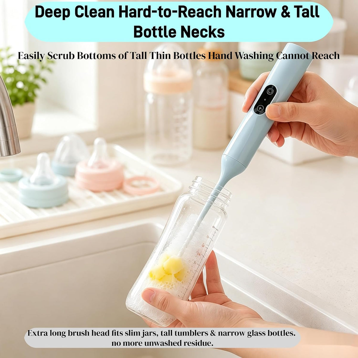 Electric Bottle Brush, Rechargeable Auto Spinning Bottle Cleaner, All-in-One Cleaning Kit with Multi Brush Heads & Stir Stick for Baby Bottles & Drinkware, Great Household Helper and Ideal Gift