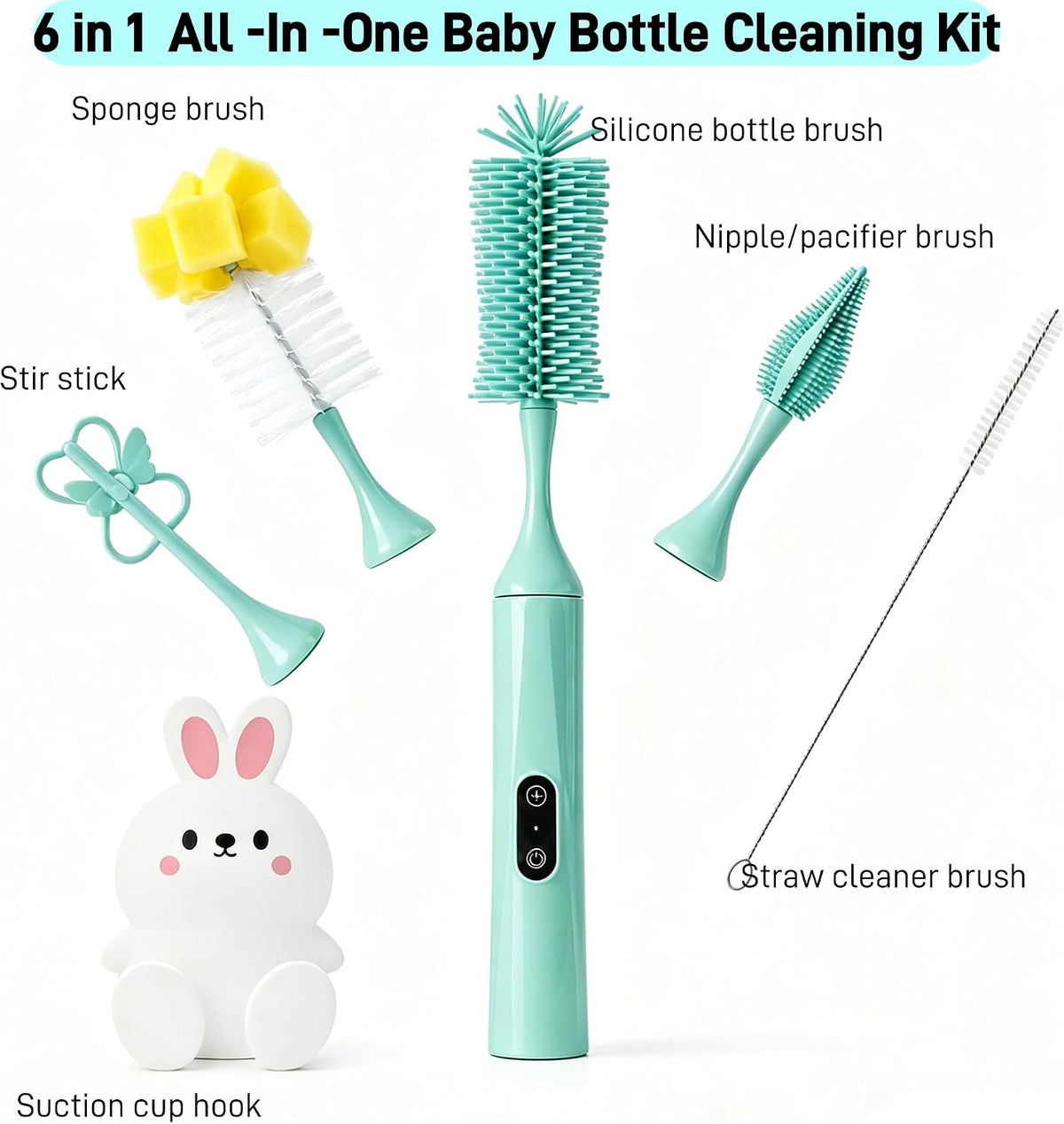 Electric Bottle Brush, Rechargeable Auto Spinning Bottle Cleaner, All-in-One Cleaning Kit with Multi Brush Heads & Stir Stick for Baby Bottles & Drinkware, Great Household Helper and Ideal Gift