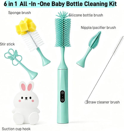 Electric Bottle Brush, Rechargeable Auto Spinning Bottle Cleaner, All-in-One Cleaning Kit with Multi Brush Heads & Stir Stick for Baby Bottles & Drinkware, Great Household Helper and Ideal Gift