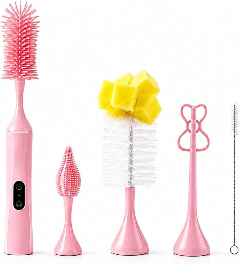 Electric Bottle Brush, Rechargeable Auto Spinning Bottle Cleaner, All-in-One Cleaning Kit with Multi Brush Heads & Stir Stick for Baby Bottles & Drinkware, Great Household Helper and Ideal Gift