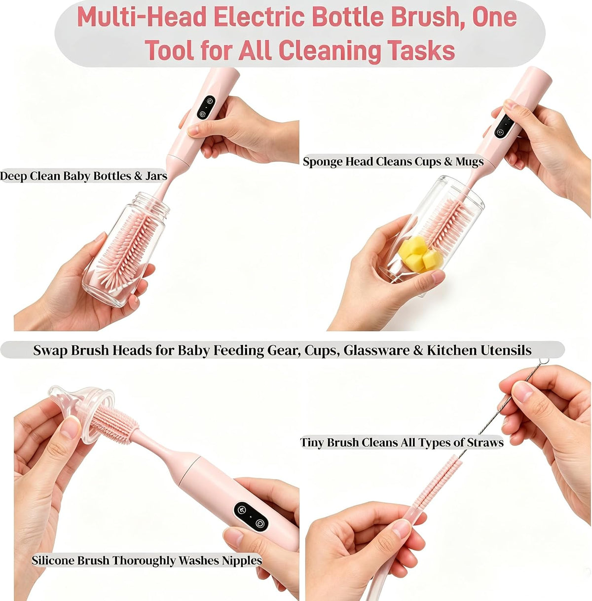Electric Bottle Brush, Rechargeable Auto Spinning Bottle Cleaner, All-in-One Cleaning Kit with Multi Brush Heads & Stir Stick for Baby Bottles & Drinkware, Great Household Helper and Ideal Gift