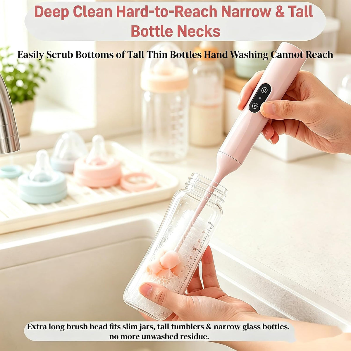 Electric Bottle Brush, Rechargeable Auto Spinning Bottle Cleaner, All-in-One Cleaning Kit with Multi Brush Heads & Stir Stick for Baby Bottles & Drinkware, Great Household Helper and Ideal Gift