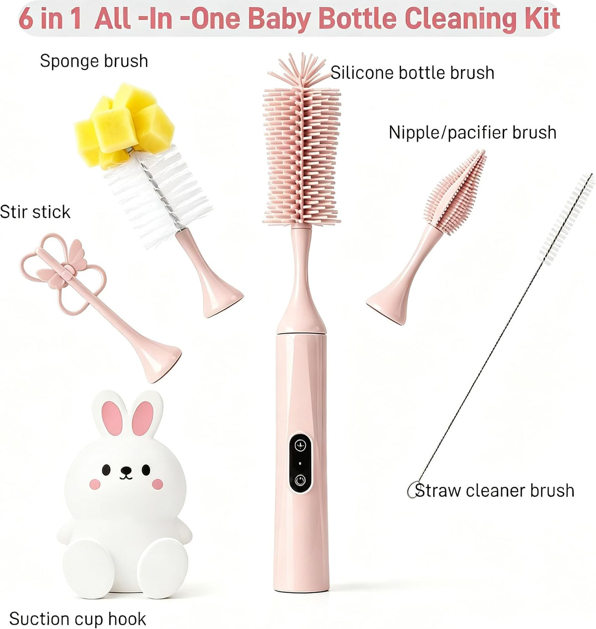 Electric Bottle Brush, Rechargeable Auto Spinning Bottle Cleaner, All-in-One Cleaning Kit with Multi Brush Heads & Stir Stick for Baby Bottles & Drinkware, Great Household Helper and Ideal Gift