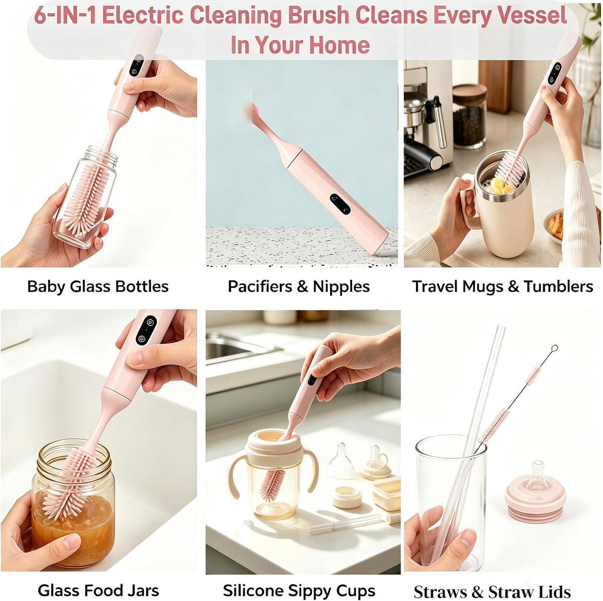 Electric Bottle Brush, Rechargeable Auto Spinning Bottle Cleaner, All-in-One Cleaning Kit with Multi Brush Heads & Stir Stick for Baby Bottles & Drinkware, Great Household Helper and Ideal Gift