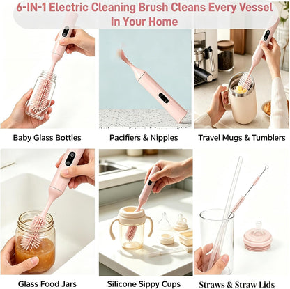 Electric Bottle Brush, Rechargeable Auto Spinning Bottle Cleaner, All-in-One Cleaning Kit with Multi Brush Heads & Stir Stick for Baby Bottles & Drinkware, Great Household Helper and Ideal Gift