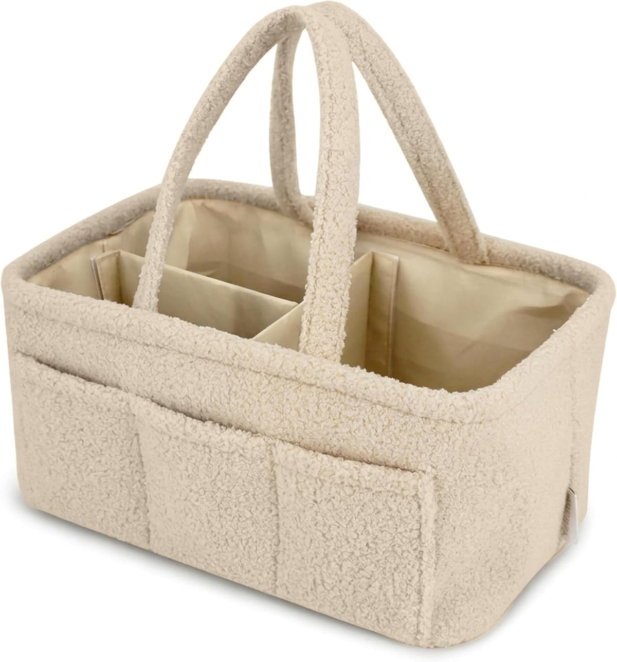 Baby Diaper Caddy Organizer - Soft Beige Sherpa Diaper Storage Bag | Nursery Organizer with 3 Removable Compartments & 6 Side Pockets - Portable Baby Organizer for Diapers,Wipes & Essentials