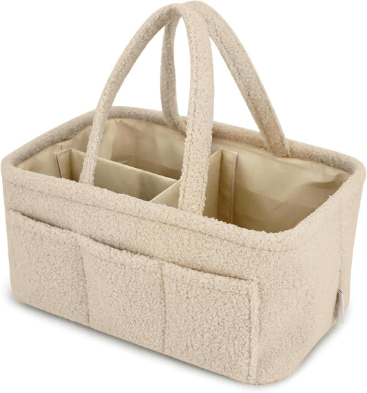 Baby Diaper Caddy Organizer - Soft Beige Sherpa Diaper Storage Bag | Nursery Organizer with 3 Removable Compartments & 6 Side Pockets - Portable Baby Organizer for Diapers,Wipes & Essentials