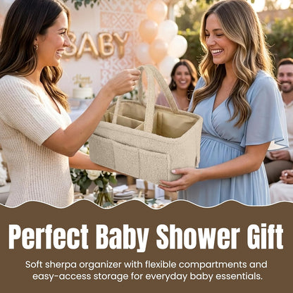 Baby Diaper Caddy Organizer - Soft Beige Sherpa Diaper Storage Bag | Nursery Organizer with 3 Removable Compartments & 6 Side Pockets - Portable Baby Organizer for Diapers,Wipes & Essentials