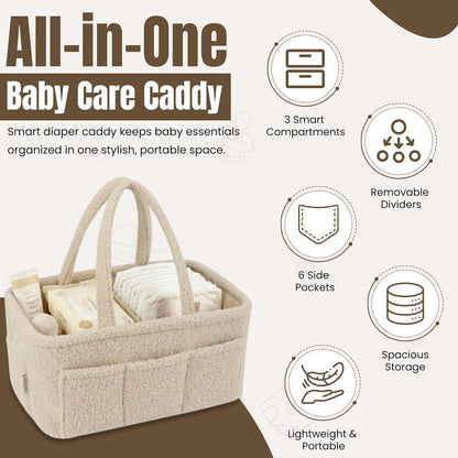 Baby Diaper Caddy Organizer - Soft Beige Sherpa Diaper Storage Bag | Nursery Organizer with 3 Removable Compartments & 6 Side Pockets - Portable Baby Organizer for Diapers,Wipes & Essentials