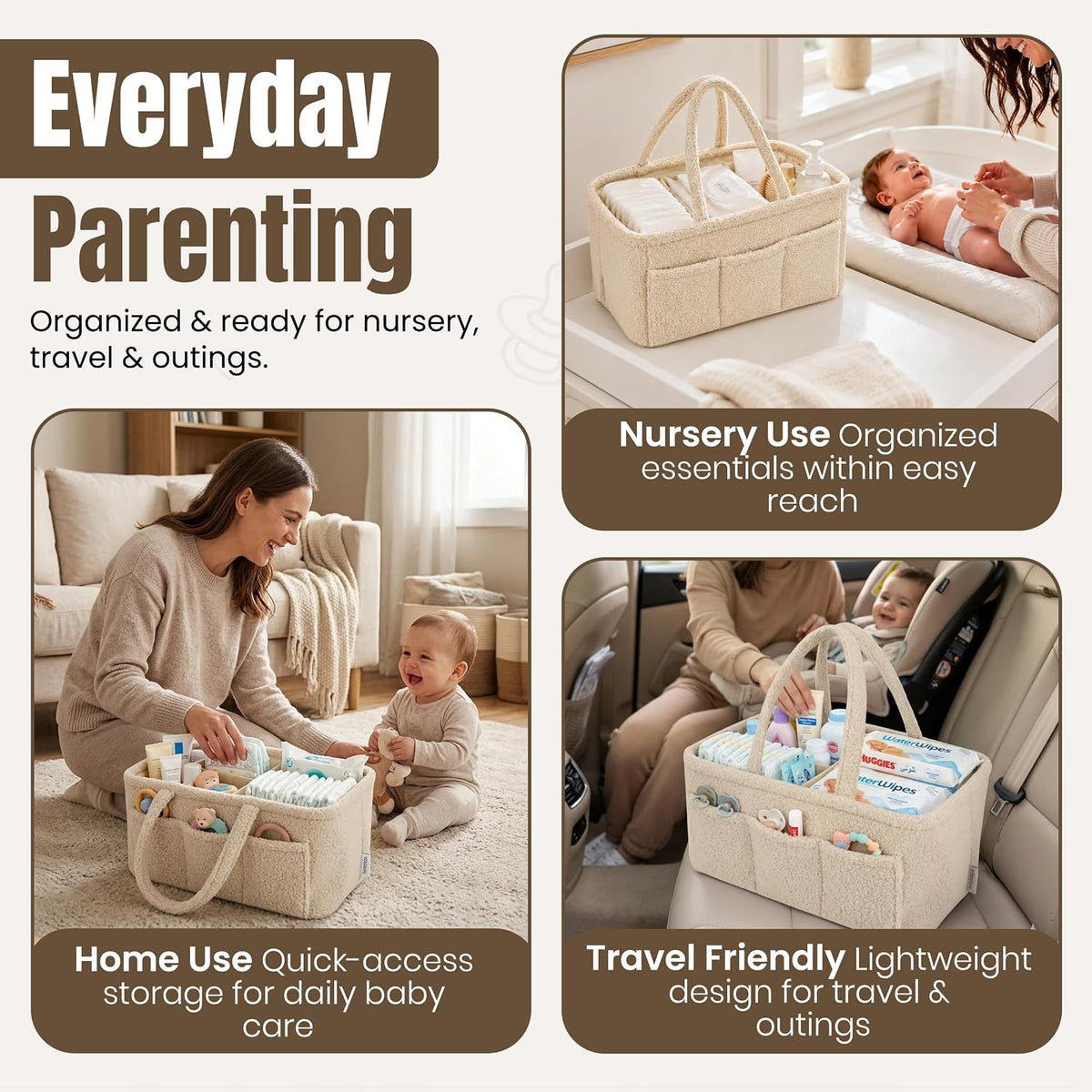 Baby Diaper Caddy Organizer - Soft Beige Sherpa Diaper Storage Bag | Nursery Organizer with 3 Removable Compartments & 6 Side Pockets - Portable Baby Organizer for Diapers,Wipes & Essentials