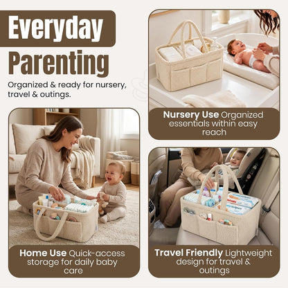 Baby Diaper Caddy Organizer - Soft Beige Sherpa Diaper Storage Bag | Nursery Organizer with 3 Removable Compartments & 6 Side Pockets - Portable Baby Organizer for Diapers,Wipes & Essentials
