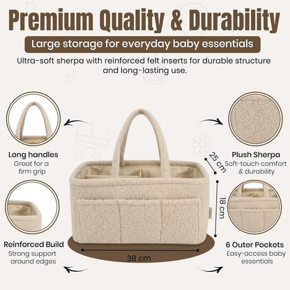 Baby Diaper Caddy Organizer - Soft Beige Sherpa Diaper Storage Bag | Nursery Organizer with 3 Removable Compartments & 6 Side Pockets - Portable Baby Organizer for Diapers,Wipes & Essentials