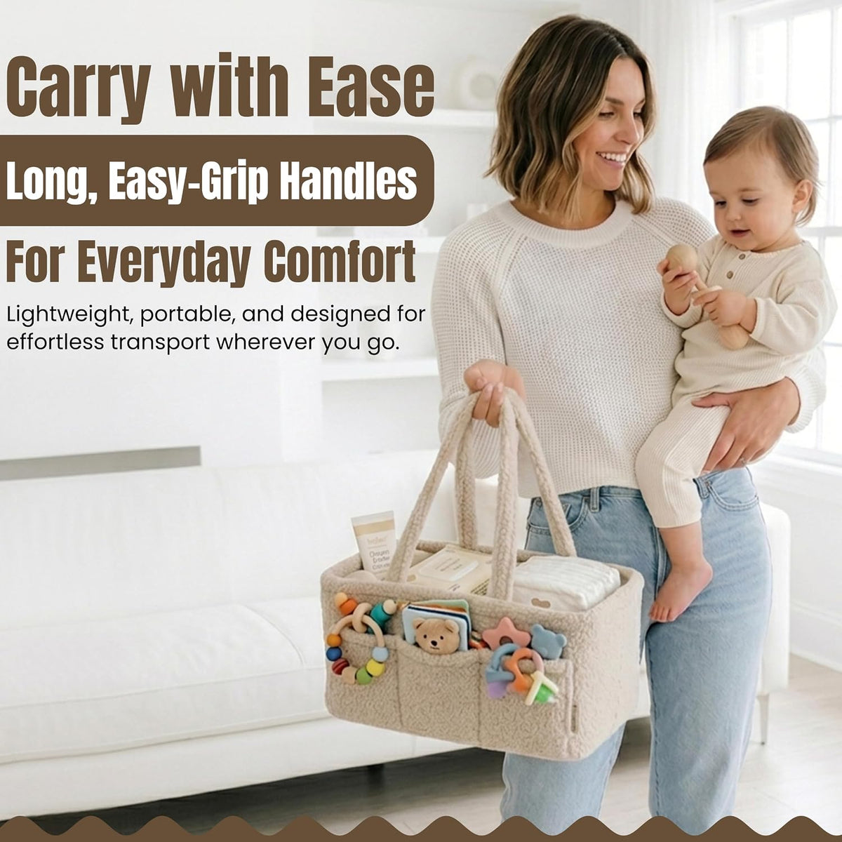Baby Diaper Caddy Organizer - Soft Beige Sherpa Diaper Storage Bag | Nursery Organizer with 3 Removable Compartments & 6 Side Pockets - Portable Baby Organizer for Diapers,Wipes & Essentials
